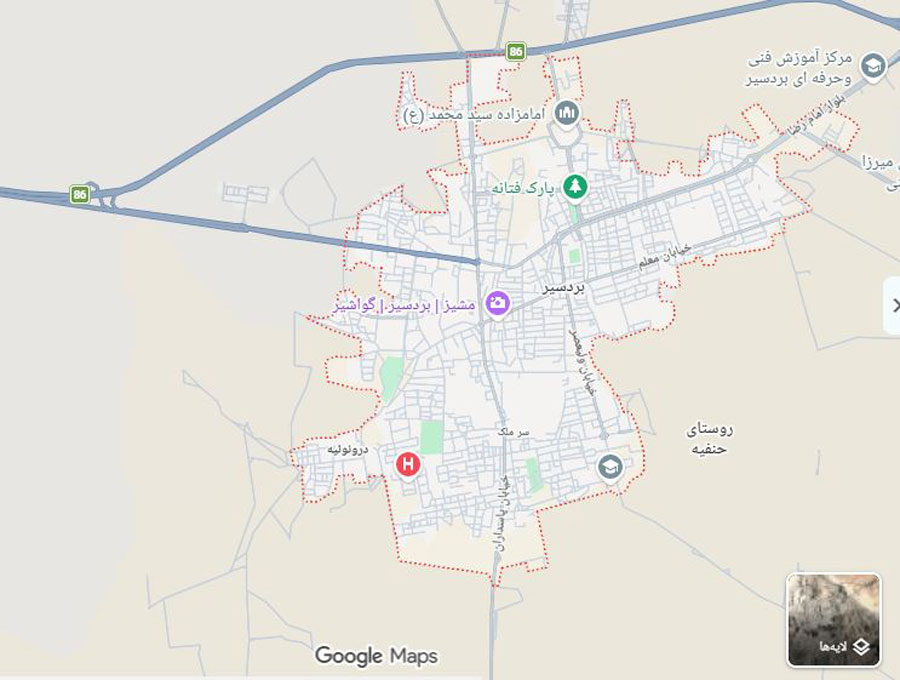 نقشه مناطق تحت پوشش امداد خودرو بردسیر